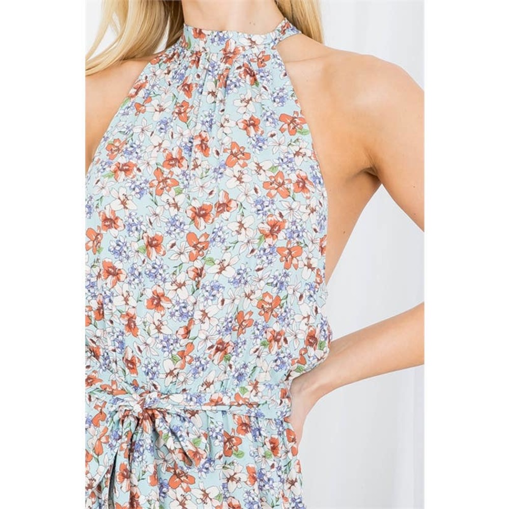 Mint Floral Tie Waist Racerback Romper - Picture 2 of 7